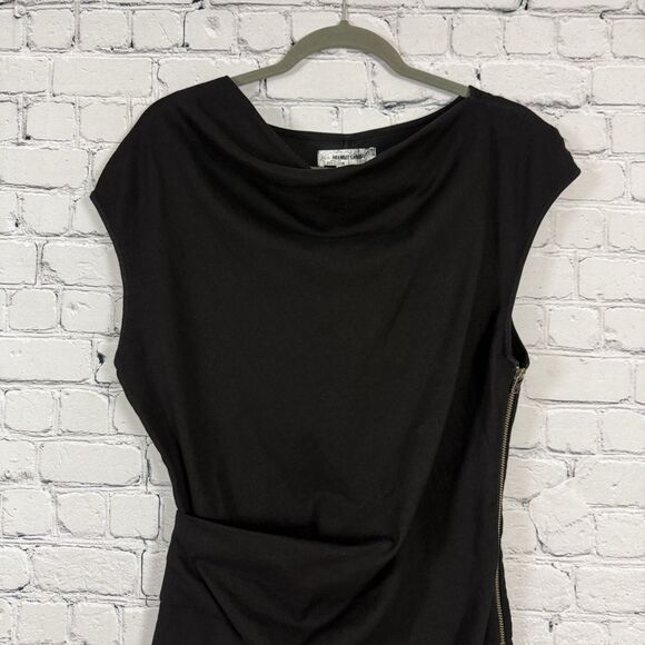 Helmut Lang Mini Draped Dress Black Asymmetrical Side Zipper Draped Neck - Picture 5 of 11